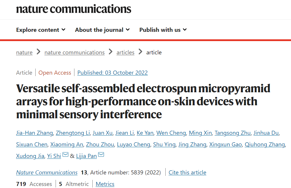 《Nature Communications》：静电纺自组装微金字塔阵列膜，用于高性能、无感知性皮肤器件