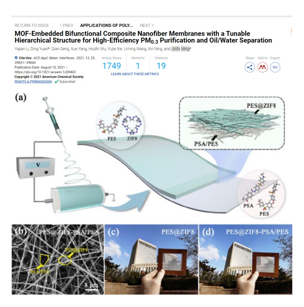 青岛大学宁新教授、明津法副教授：功能复合纳米纤维膜用于空气过滤和油水分离