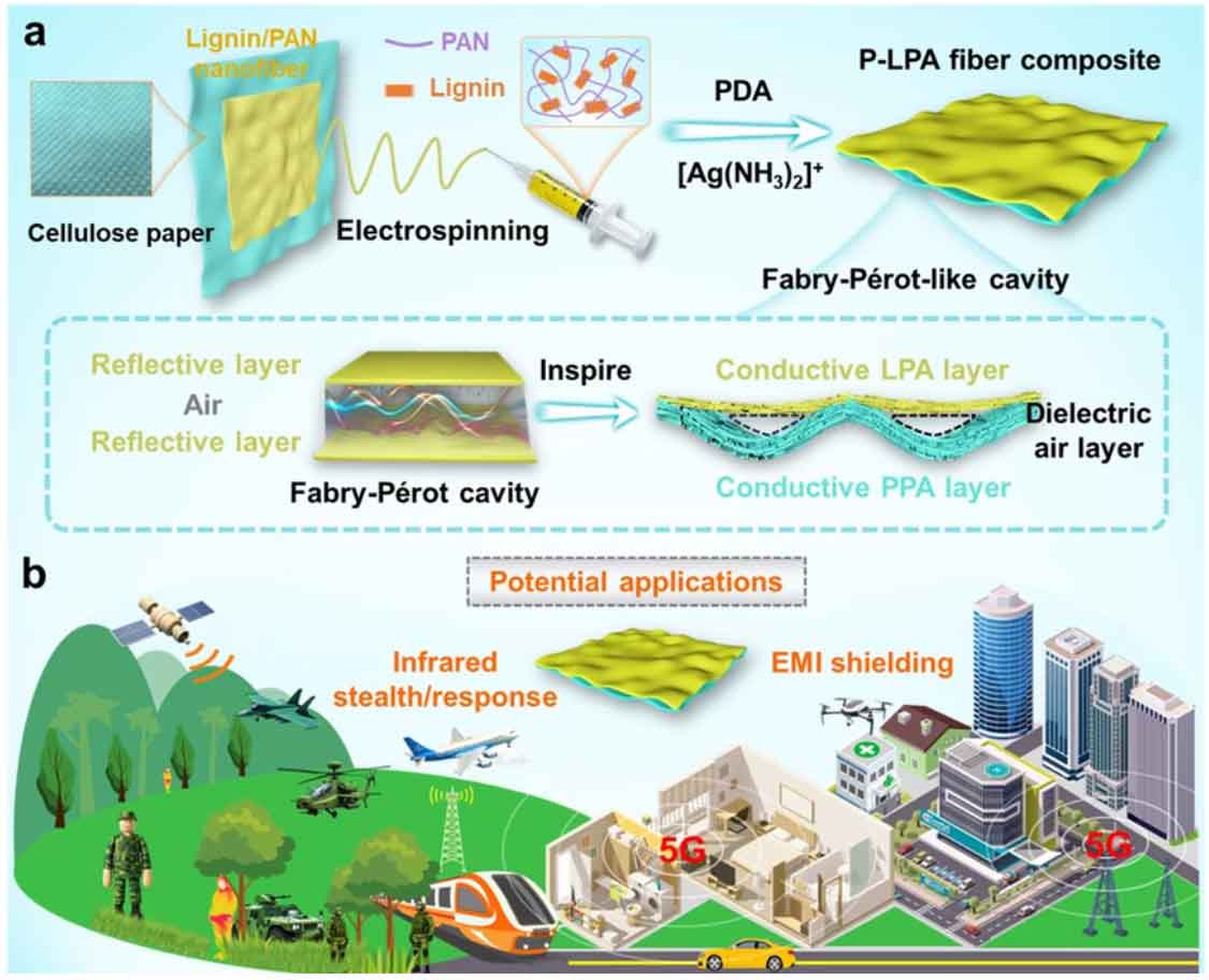 江南大学戴磊教授等人《Adv Fiber Mater》：静电纺丝结合原位生长技术制备生物质纤维复合材料，实现双光谱兼容防御性能