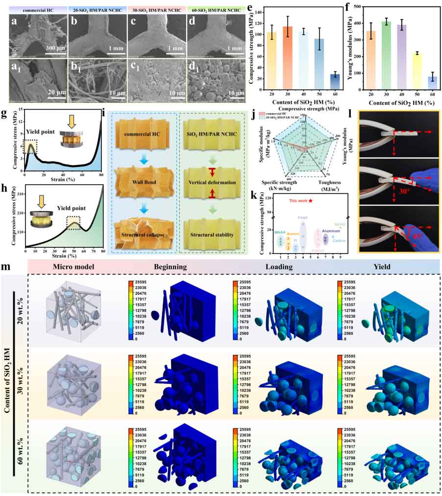 武汉纺织大学王桦/王罗新团队熊思维副教授AFM：通过骨架阻隔-芯层耗散策略，实现聚芳酯纳米纤维气凝胶蜂窝热-声-力协同增强
